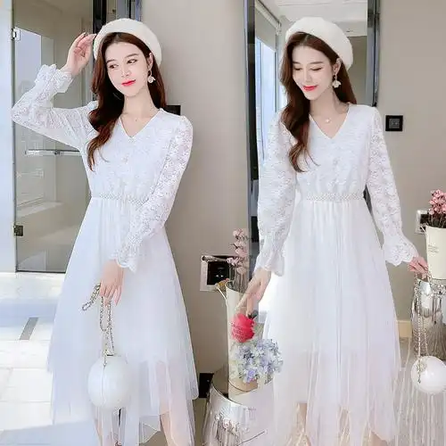 不规则气质长袖蕾丝网纱连衣裙女秋季春秋裙新款女秋冬2021时尚