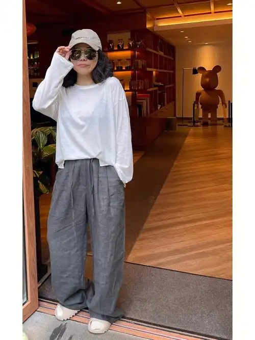 40岁无性别慵懒风超顺滑防晒白t亚麻阔腿裤
