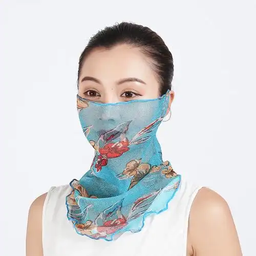 单色百变小丝巾印花金丝围脖防晒口罩骑行面罩面纱百搭假领子脖套