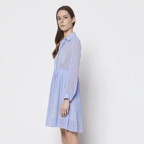 美国直邮sandro 2018春夏新款女装甜美波点长袖百褶收腰衬衫连衣裙