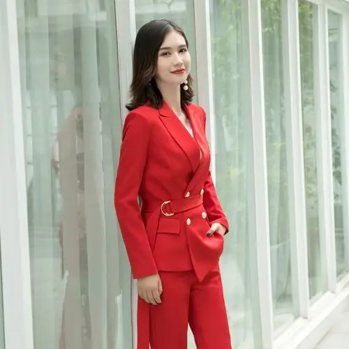 大红色西装职业女套装2019秋冬新款时尚韩版气质工作服正装ol西服