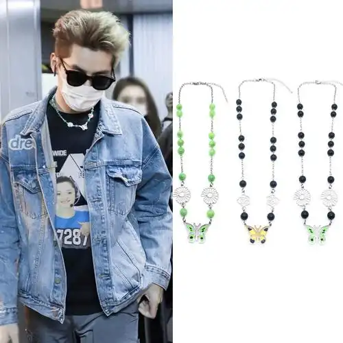 吴亦凡蝴蝶锁骨雏菊玫瑰石贝珠天然项链金色同款项链