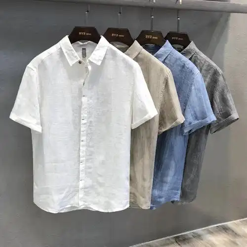 复古轻奢简约亚麻短袖衬衫男士夏季薄款休闲衬衫