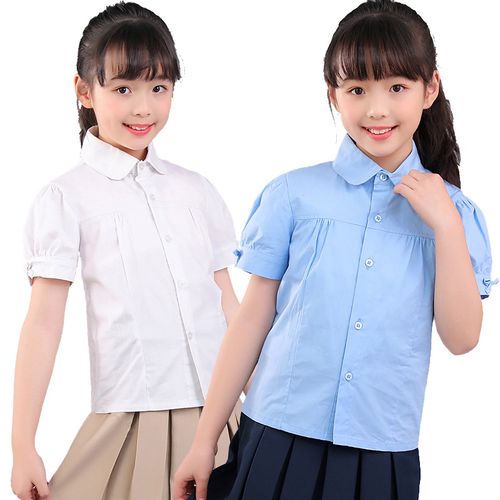 女童白色圆领衬衫短袖夏季女孩蝴蝶结袖口衬衣小学生纯棉校服上衣