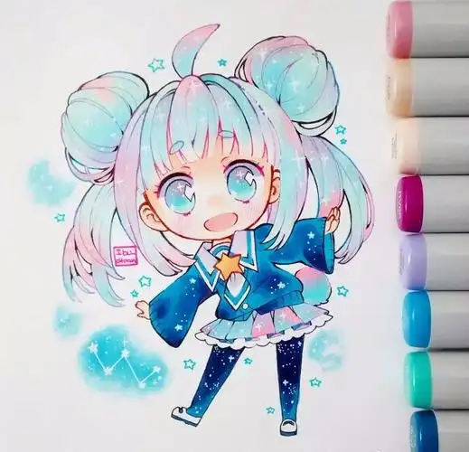 就学会了临摹各种漫画人物14岁后就开始了属于自己q版可爱的风格从