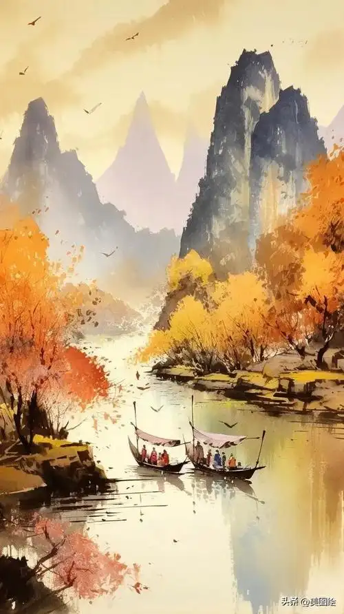 古风水墨画:漓江山水美如画