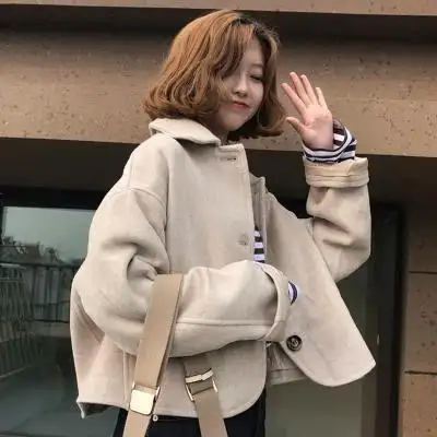 春装韩版气质显瘦百搭女装短款加厚毛呢上衣学生复古长袖外套chic