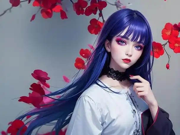 古风红梅背景图,蓝发现代女孩,完美融合 #ai共创计划