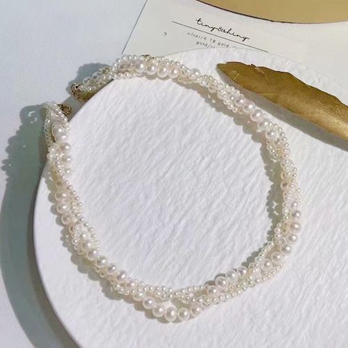 珍妮芙珠宝 近圆编织缠绕三层珍珠项链 925银浪漫法式复古颈链女