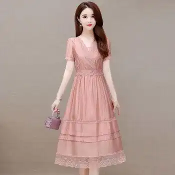 高档天丝新款连衣裙女士2022夏季修身显瘦时尚妈妈减龄裙子sn7073粉色