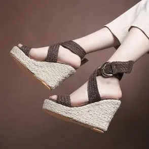 外贸大码43草编坡跟凉鞋新款女2024春夏季罗马鞋高跟厚底松糕时尚