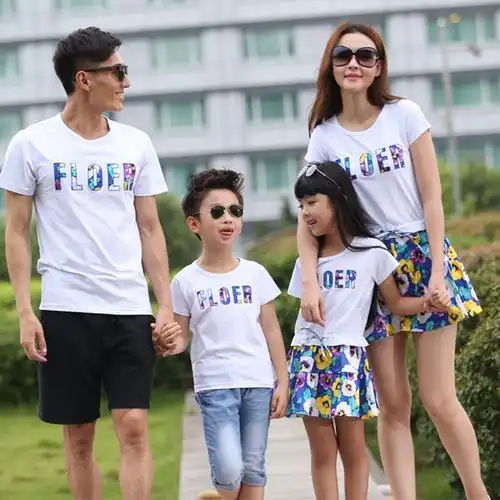 亲子装夏装2015年新款父子圆领t恤母女连衣裙一家四口家庭装