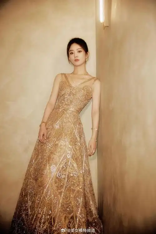 赵丽颖着金丝刺绣长裙高贵优雅扎高盘发造型端庄大气