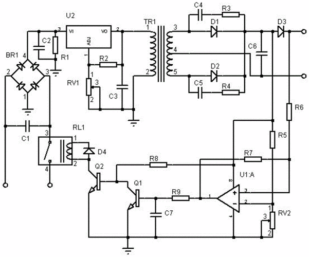能够实现蓄电池充满或充电器空载时自动断电,电路结构简单,易于硬件
