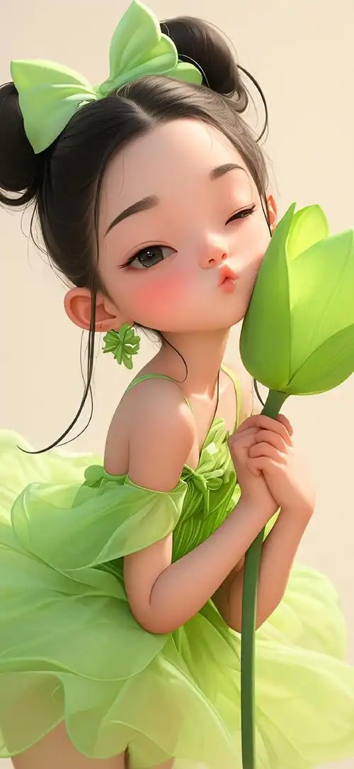 绿色小清新甜美郁金香嘟嘴女孩 可爱3d少女壁纸#手机壁纸
