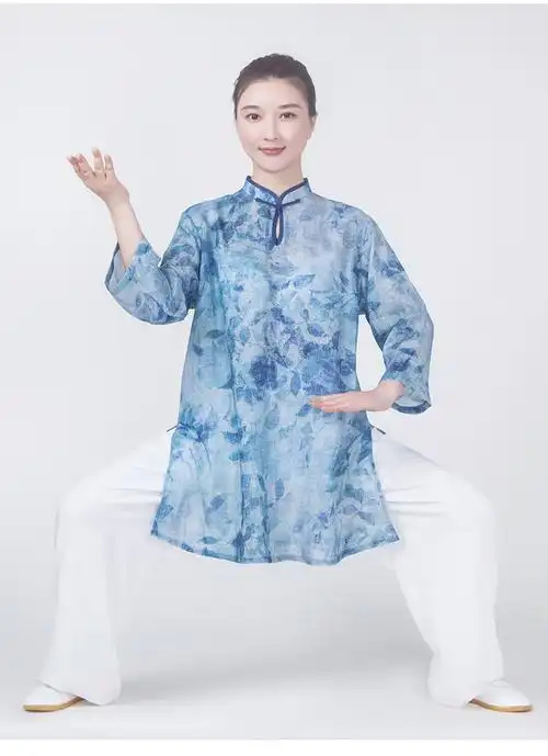 2021新款夏天棉麻苎麻薄太极拳练功服女服装中长款夏季藏青苎麻套装s