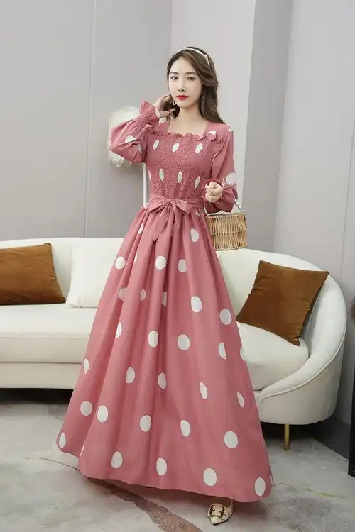 韩版连衣裙女2021新款春秋甜美波点印花方领收腰显瘦复古过膝长裙