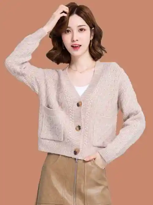 鄂尔多斯市高腰小个子针织衫女开衫超短款羊绒羊毛衫毛衣外套时尚