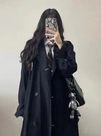 lanweifeilei女装黑色感风衣女春秋装中长款学院风大衣外套200斤黑色s