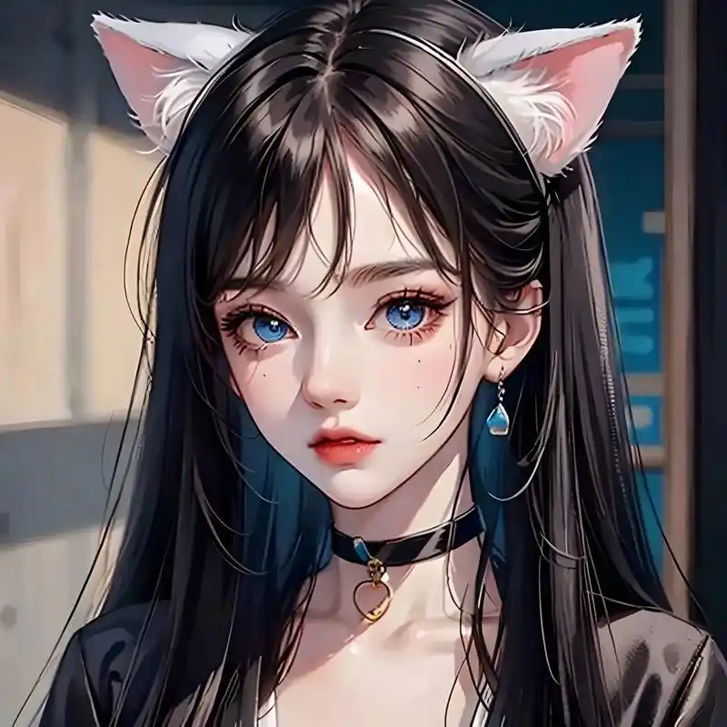 蓝眼猫耳黑发女孩头像