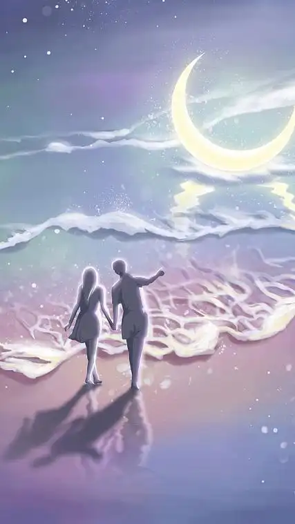 海边牵手的情侣剪影与发光的月亮唯美插画图片