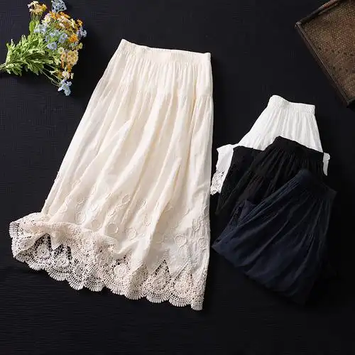 蕾丝半身裙女高腰显瘦a字打底裙森女系纯色镂空刺绣拼接款中长裙