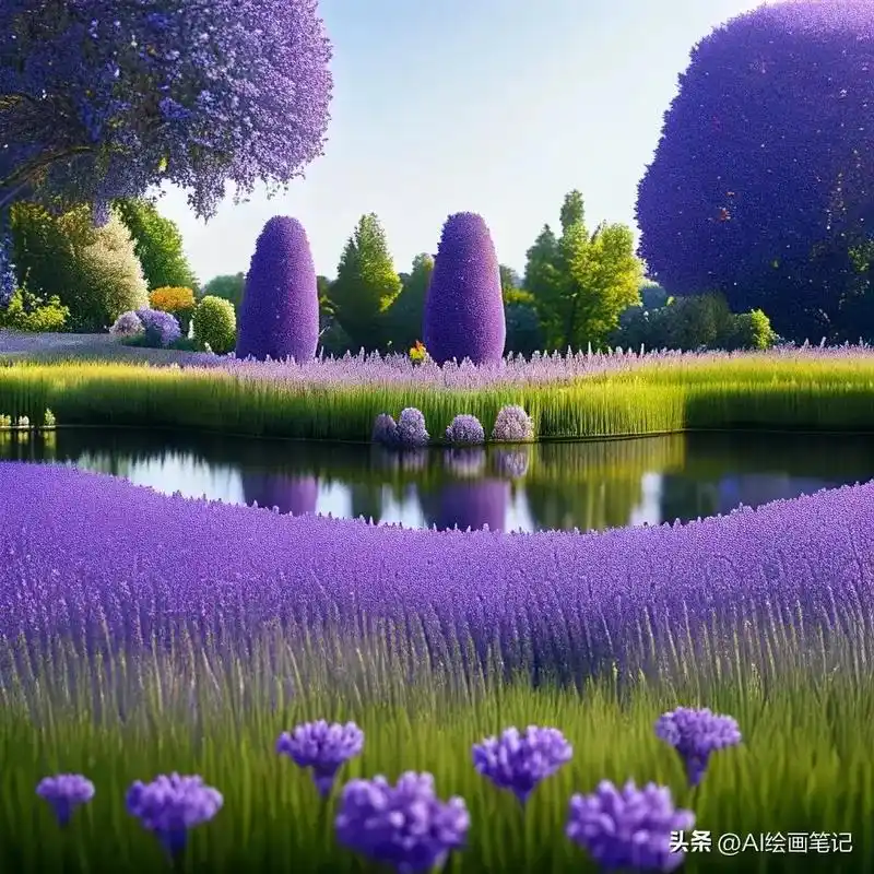 薰衣草主题的湿地花园中,紫色的薰衣草铺满了每一寸土地.