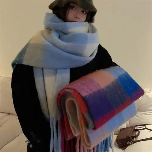 彩虹格子加厚女秋冬仿羊绒拼色流苏围巾披肩马海毛保暖情侣围脖围