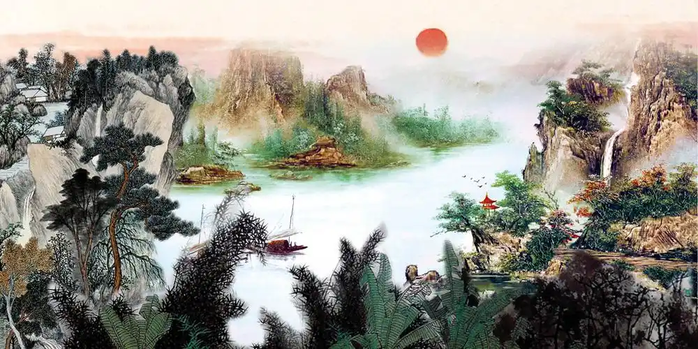 国画山水画风景画旭日东升客厅影壁墙壁画