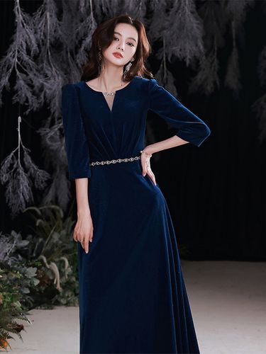 蓝色晚礼服裙女大合唱演出服主持人宴会指挥长款高级感连衣裙冬季