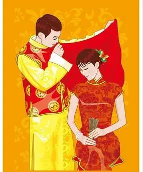 新郎掀起新娘的红盖头矢量素材