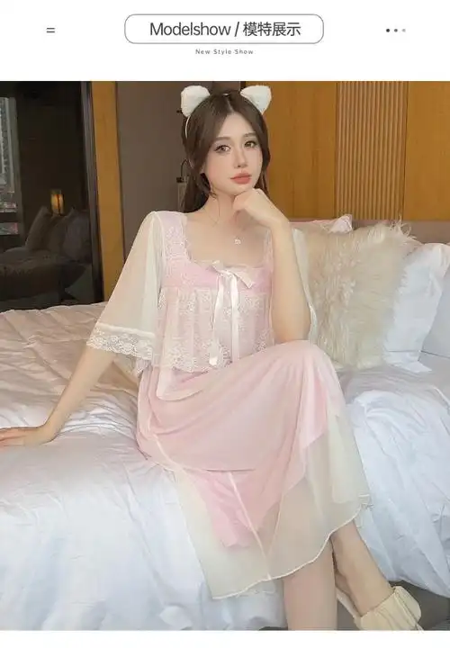 紫澜—无胸垫夏季短袖网纱长款睡裙公主风蕾丝宫廷莫代尔睡衣女夏