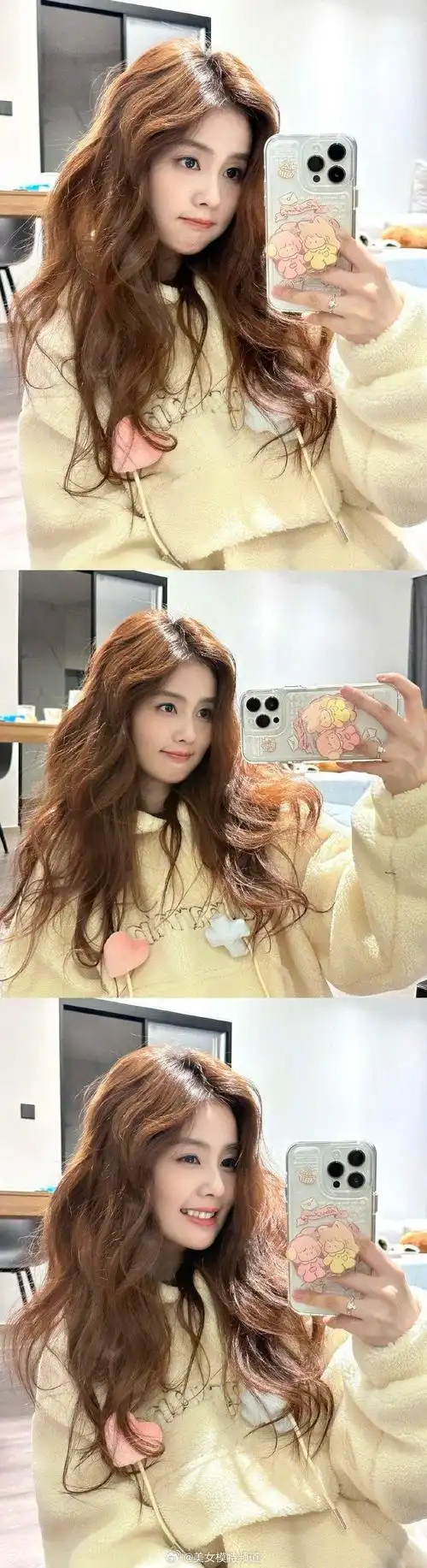 白鹿分享日常生活照等待化妆做发型时对镜自拍甜美可爱