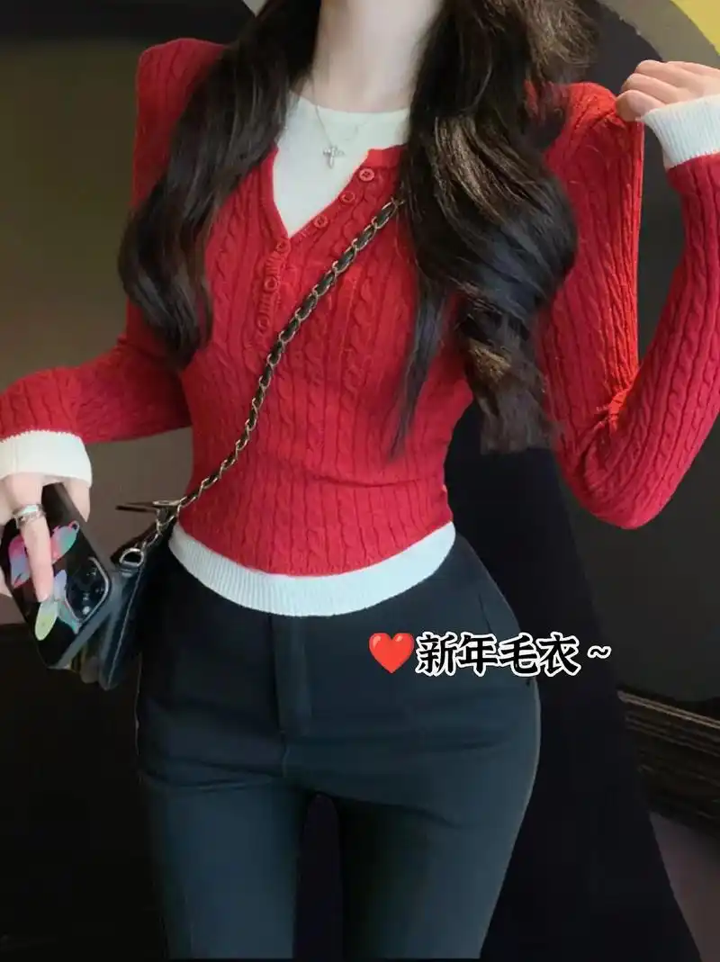 新年战袍～红色毛衣.