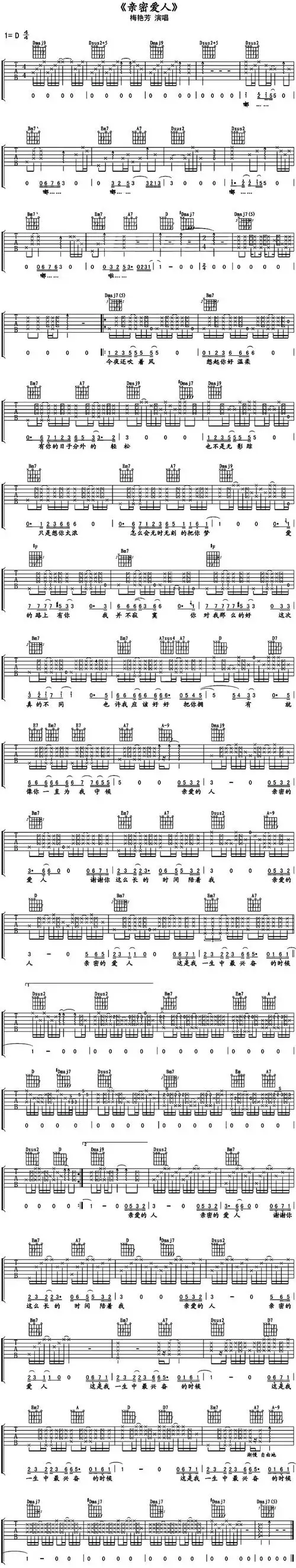 梅艳芳《亲密爱人》吉他谱(经典怀旧版)