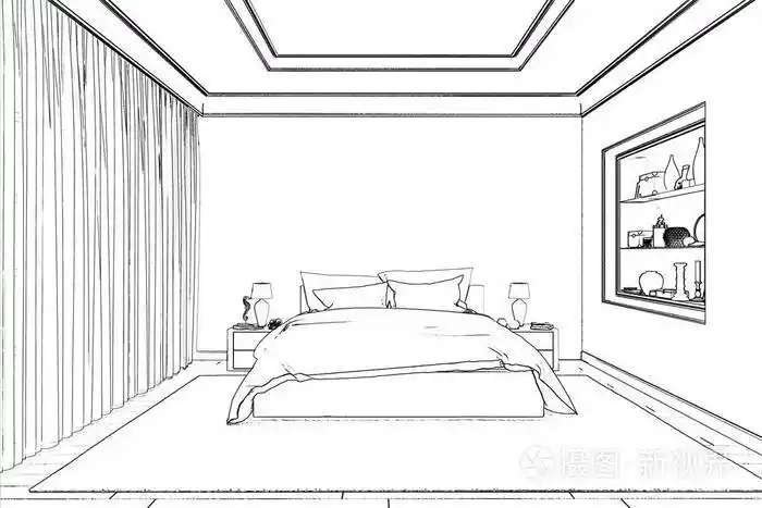 三维插图. 卧室的草图