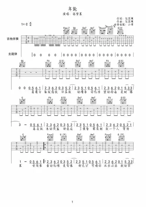 张碧晨年轮吉他谱c调吉他弹唱谱