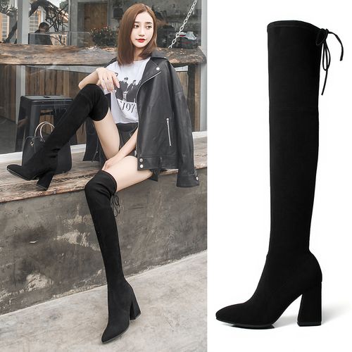 2018秋冬新款粗跟高跟长筒靴女高筒尖头过膝长靴显瘦弹力布女靴子