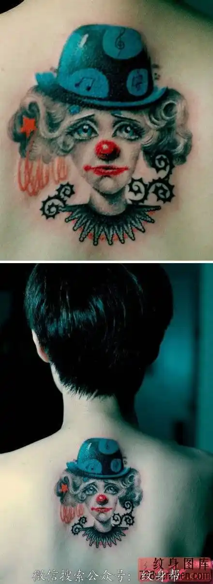 悲伤的小丑后背纹身作品