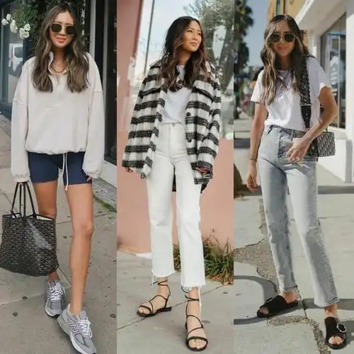 上衣扎进裤子中,形成上短下长的比例,简洁又大方.