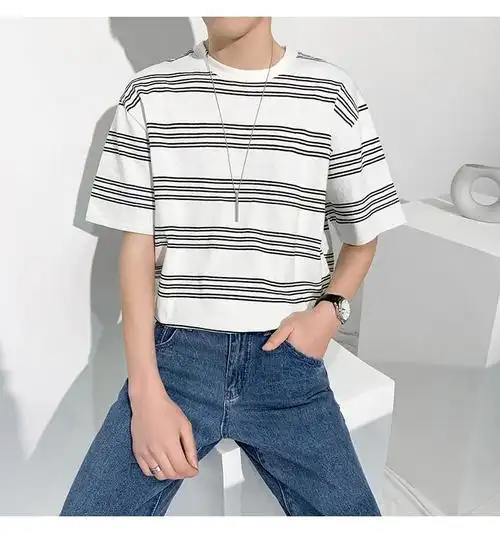 横条纹男短袖潮流夏天男装清新风格小圆领t恤宽松男生冰感五分袖 米