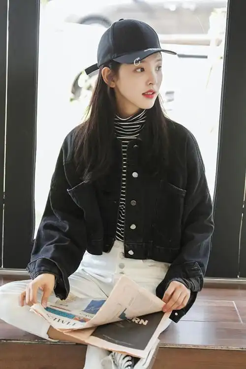 韩版2019春季新款ulzzang水洗做旧磨白短款牛仔衣后背绑带高腰露脐廓