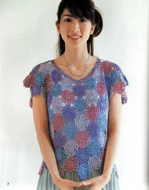 女士钩针多色拼花短袖套衫