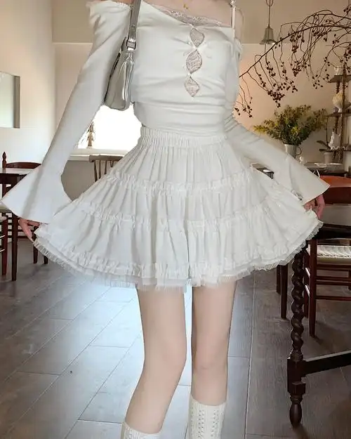 实拍实价 新款甜美辣妹芭蕾风短裙超仙蓬蓬裙高腰显瘦蛋糕a字裙