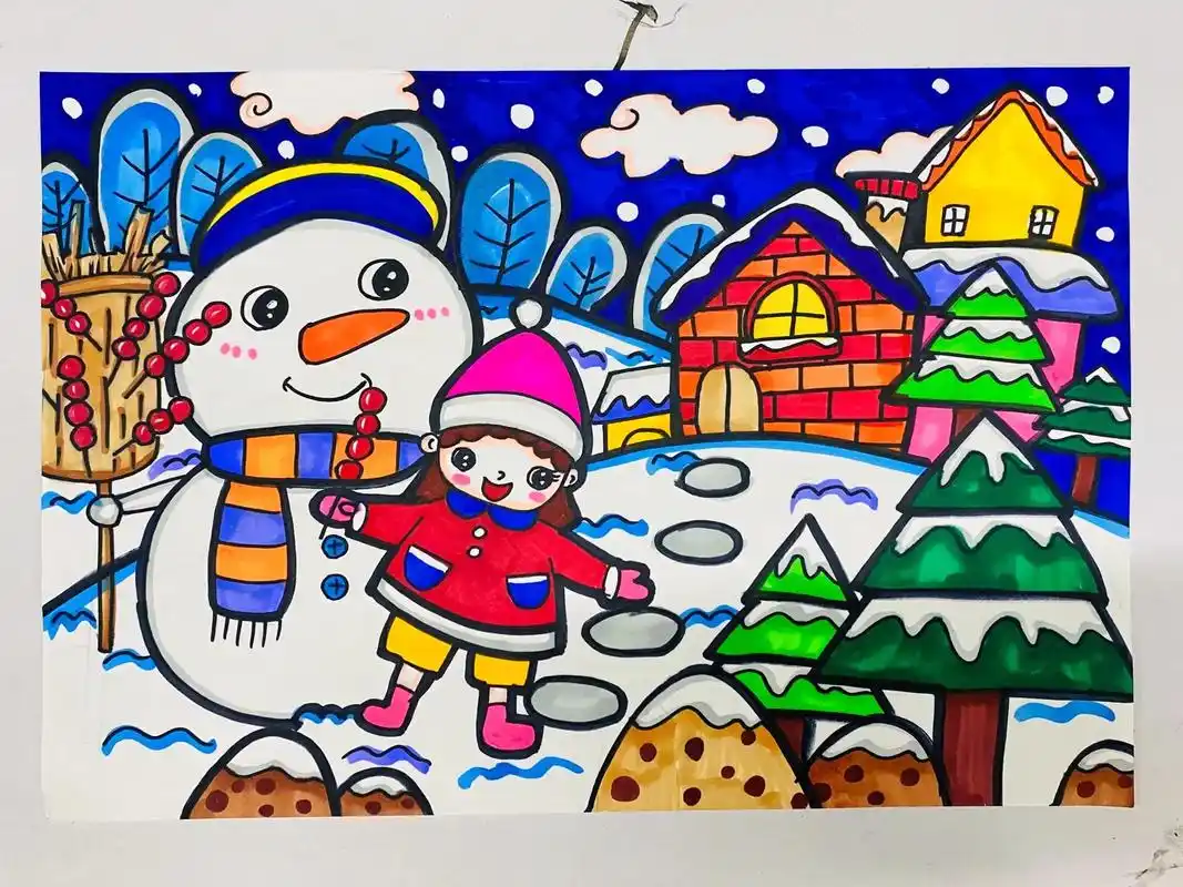 原创冬天主题画《冬日雪景》#原创作品 #马克笔儿童画 #主题 - 抖音