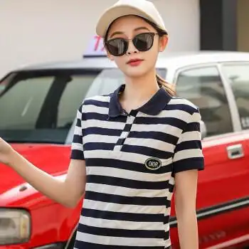 衫女棉翻领保罗衫夏季上衣带领休闲运动衫圆oior条纹polo衫宝蓝色m