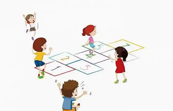 手绘卡通风格一群正在玩跳格格游戏的小朋友儿童节素材