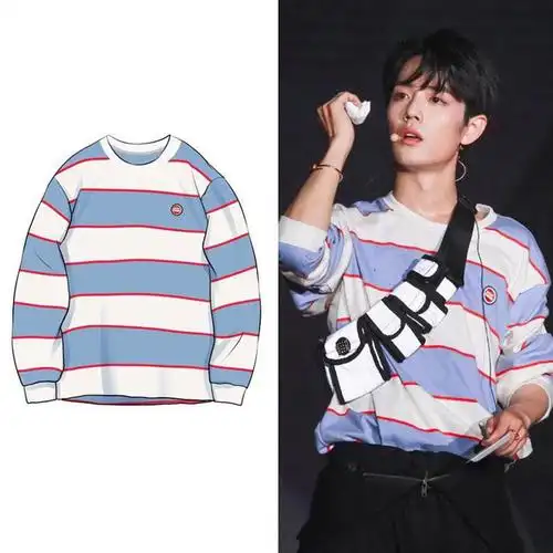 抖音肖战同款蓝白条纹加绒加厚t恤长袖男女暖情侣装卫衣小众服饰
