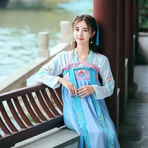 汉服女古装仙女裙齐胸襦裙古装汉服夏装日常改良古风清新淡雅唐装