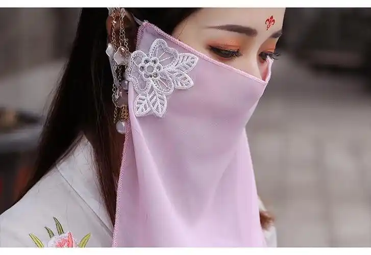 汉服面纱汉服配饰新款古装电视剧白面纱仙女侠女公主遮面纱古风 粉红
